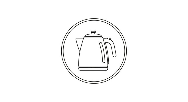 Outline icon of a modern electric kettle in a circle, simple line art kitchen appliance symbol