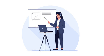 Fototapeta premium Businesswoman giving presentation with laptop and whiteboard, online meeting concept