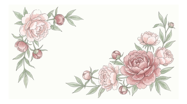 Vintage peony flower corner frame vector, elegant dusty pink floral border, hand drawn botanical illustration for wedding invitations