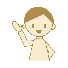 説明する男の子のシンプルなイラストアイコン 片手をあげて案内や解説をする笑顔の表情