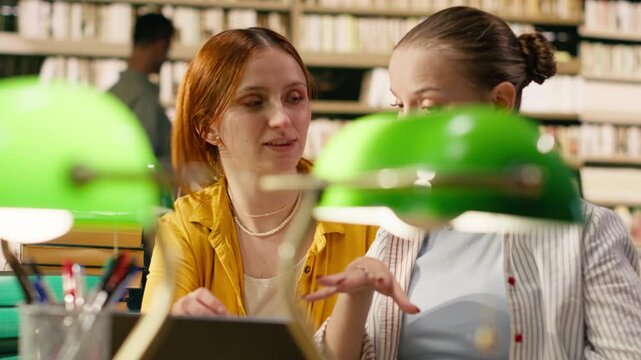 Mentor guiding student through academic work on laptop at library table, study session and tutoring with textbooks, academic support with instructions and one-on-one mentoring.