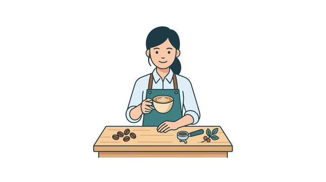 Barista holding latte art coffee with beans and portafilter