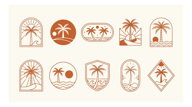 Boho palm tree logo icons, 10 terracotta tropical beach badges, minimalist line art summer emblems for travel branding and apparel design