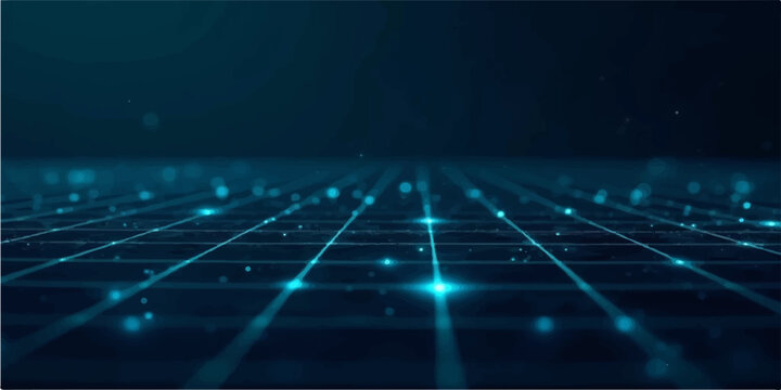 Abstract glowing cyan perspective grid floor with floating particles on a dark background