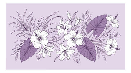 Tropical hibiscus and lily floral border vector, purple botanical illustration with exotic palm leaves, elegant summer garden flower arrangement © I'm_coming