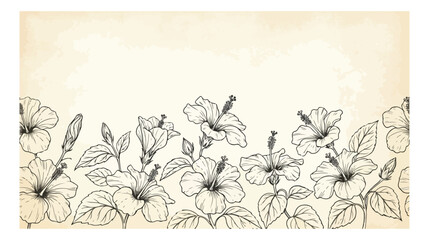 Vintage botanical hibiscus flower border, hand drawn tropical floral line art on aged parchment paper, elegant summer garden vector background © I'm_coming