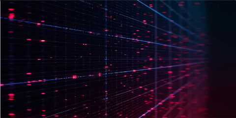 Obraz premium Futuristic cyber matrix background featuring horizontal blue lines and bright pink data dots