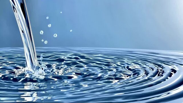 Clear water splash macro view shows droplets falling into blue surface. Refreshing water splash creates perfect circles and ripples in light environment. Concept of purity and ecology wellness