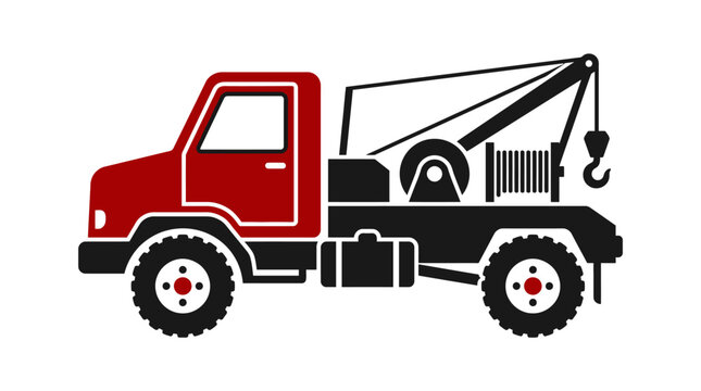 Red Tow Truck Icon with Crane and Winch - Vehicle Service and Assistance