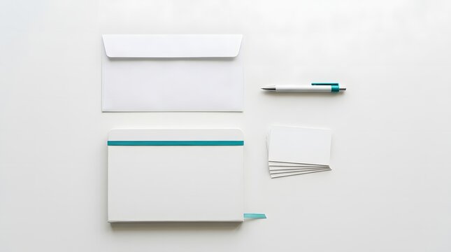 White stationery set with envelopes, cards, and pen on clean background.
