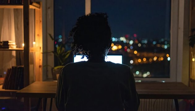 Silhouette of a person working on a laptop at night with city lights in the background.