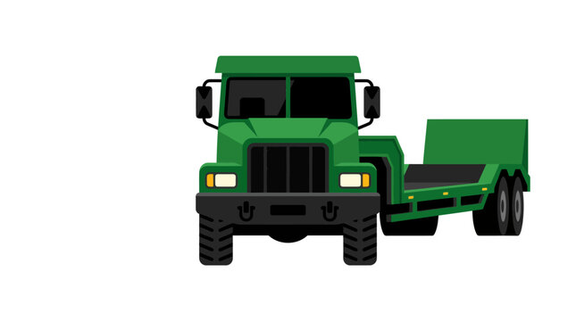 Green Heavy Duty Truck with Flatbed Trailer, Transportation and Logistics Concept