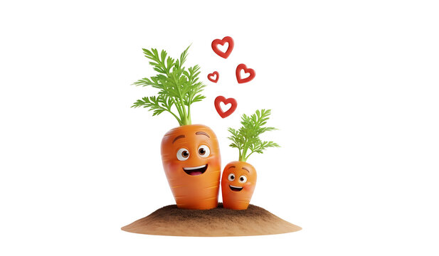 Cute 3D Rendered Carrot Characters with Floating Hearts