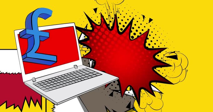 Cartoon Laptop, comic book Notebook with English Pound Sign. Retro cartoon comics pop art animation.