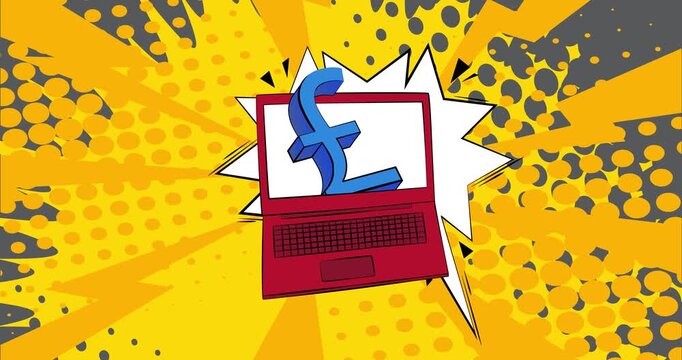 Cartoon Laptop, comic book Notebook with English Pound Sign. Retro cartoon comics pop art animation.