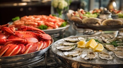 Obraz premium Fresh Seafood Platter with Lobster, Shrimp, Oysters, and Clams Arranged Elegantly on Ice for a Gourmet Dining Experience