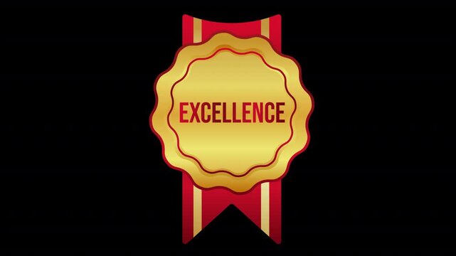 Animated Gold Rosette Excellence Badge with Red Ribbon Looping Motion Graphic Icon on Transparent Background for Sale Promotion Label and Quality Certificate Design