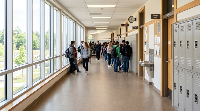 High School Students Walking Through Bright Modern Hallway