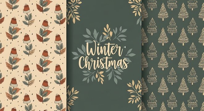 Winter christmas seamless pattern collection with botanical foliage and festive typography
