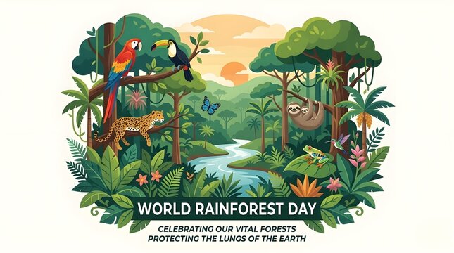 World Rainforest Day Eco Poster with Tropical Jungle Animals Waterfall and Conservation Slogan Vector