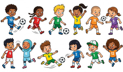Fototapeta premium Cute Kids Playing Football Together Vector Illustration with Children Team Sports Activities