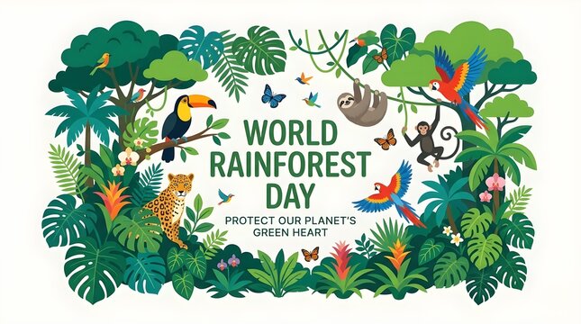 World Rainforest Day Eco Poster with Tropical Jungle Animals Waterfall and Conservation Slogan Vector