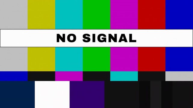 Old television static white noise transitioning abruptly into retro color test card with No Signal text