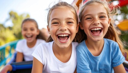 Fototapeta premium Three cheerful girls enjoying a thrilling roller coaster ride.
