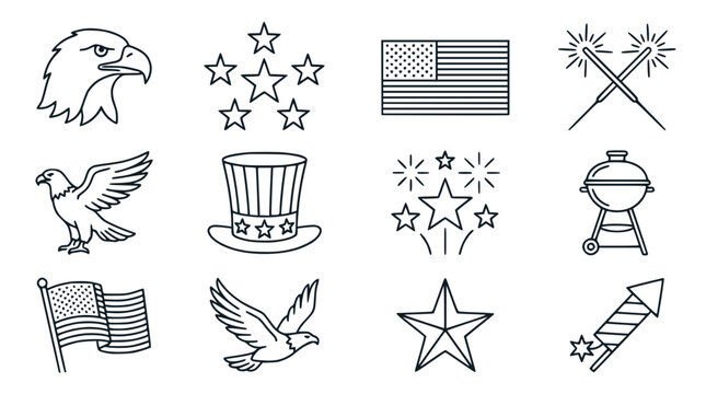 American Independence Day Icons: Eagle, Flag, BBQ, Fireworks, Stars, Uncle Sam Hat