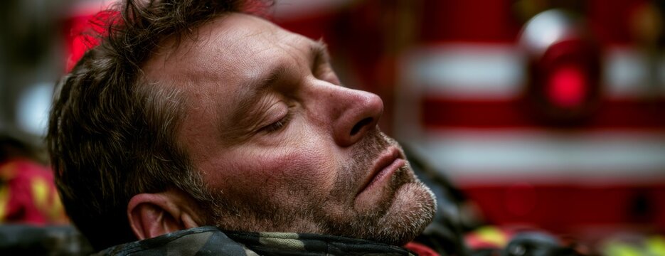 Tired firefighter taking a break while resting in protective gear  