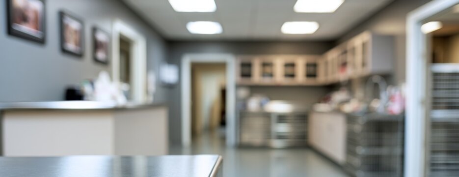 Blurred interior of a veterinary clinic with modern furnishings  