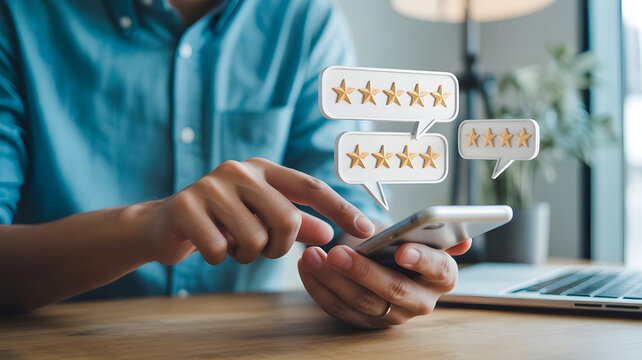 Person giving high rating on mobile phone with speech bubbles and stars