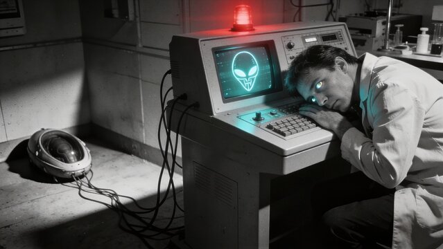 Scientist discovering alien signal on computer. Man researcher examining extraterrestrial contact in secret underground laboratory. Conspiracy theory and paranormal science research project.