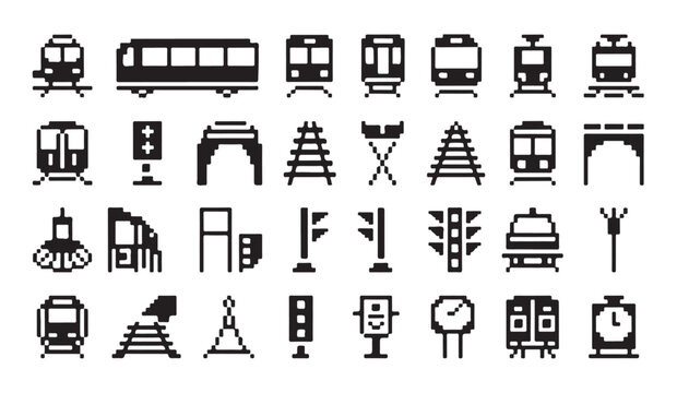 Set of 28 train related pixel art icons isolated on white background, black and white style.