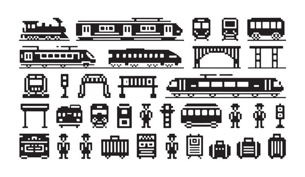 Set of 35 train related pixel art icons isolated on white background, black and white style.