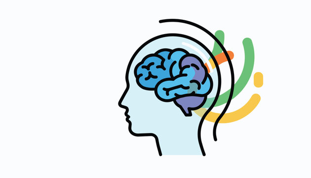 Human head profile graphic displaying a colored brain with radiating signal waves suggesting active brainwave function.