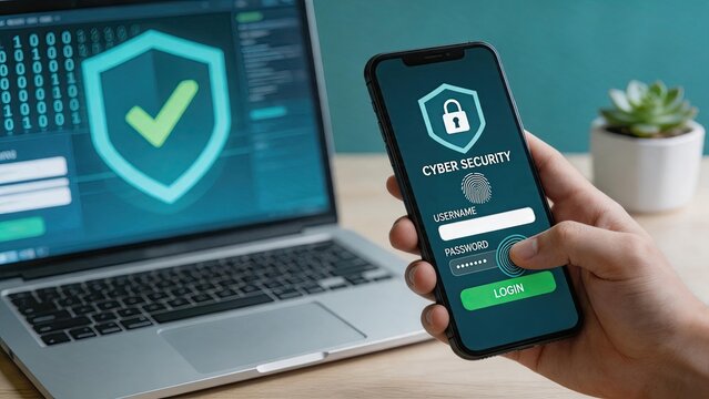 Cyber security concept showing smartphone login screen with fingerprint scan and laptop background featuring shield icon, representing digital protection, data privacy,