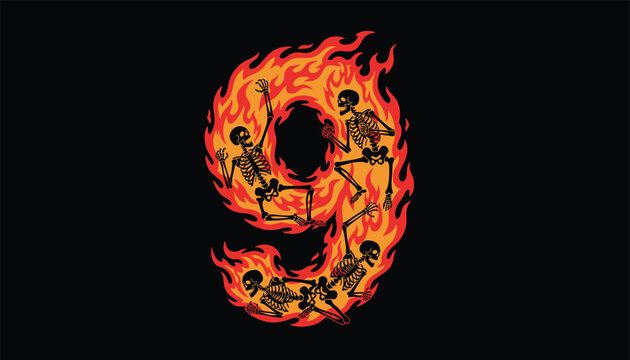 Fiery number nine composed of bright orange flames with dancing skeletons inside, creating a spooky and gothic burning numerical illustration.