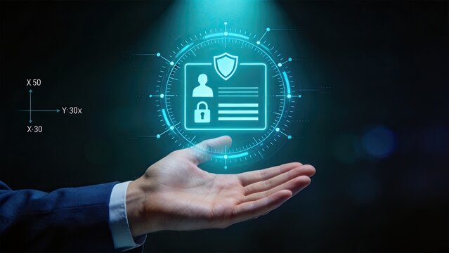 Cyber security and identity protection concept featuring glowing shield icon held in hand, safeguarding personal data privacy and authentication through advanced biometric
