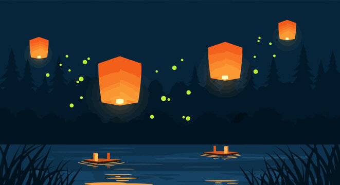 Floating lanterns illuminate the night sky over a serene body of water.