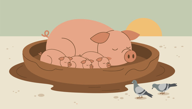 Mother pig sleeping peacefully with her cute piglets in a mud puddle under a warm sunset with wild pigeons nearby.