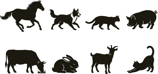 Obraz premium Farm and Domestic Animal Silhouette Collection with Horse Dog Cat Pig Cow Rabbit and Goat