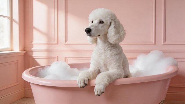 Fluffy white poodle dog relaxing in pink bathtub with foam bubbles, luxury pet spa grooming concept, cute animal portrait in stylish bathroom interior design setting