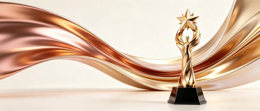 Luxury golden champion award trophy with star on top placed on black base with flowing bronze silk satin wavy fabric behind on light beige background for award ceremony