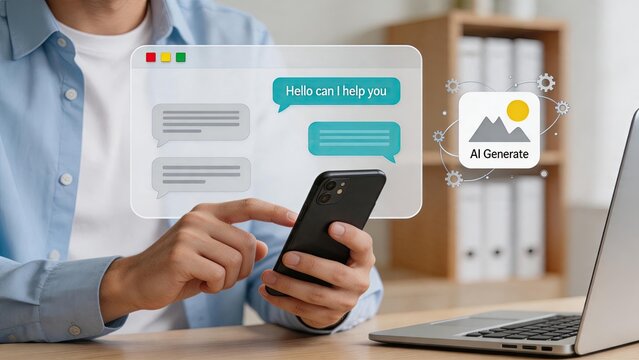 Person using smartphone with AI chatbot interface, virtual assistant customer support, artificial intelligence technology, automated messaging service, help desk solution, digital