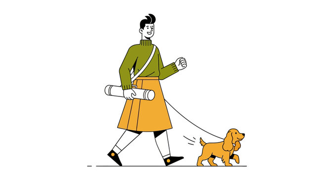 Man in kilt walking a dog on leash.