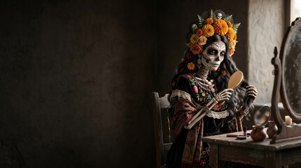 Fototapeta premium Woman in Dia de Muertos makeup brushing hair in front of mirror