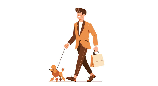 Man walking small dog while carrying shopping bags.
