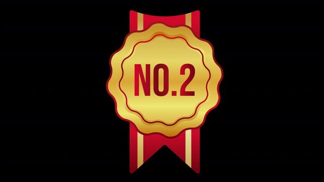 Animated Gold Rosette NO.2 Badge with Red Ribbon Looping Motion Graphic Icon on Transparent Background for Sale Promotion Label and Quality Certificate Design