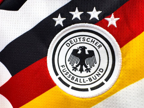Calgary, AB, Canada. June 15, 2026. Extreme close-up of an embroidered Germany national football team DFB crest on a jersey fabric.